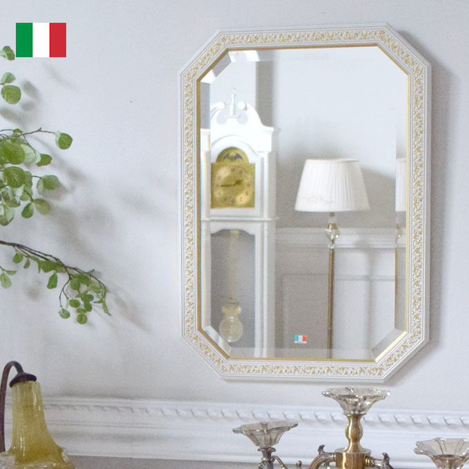 イタリア製 ウォールミラー(壁掛け鏡) ホワイトリーフ 48×68cm
