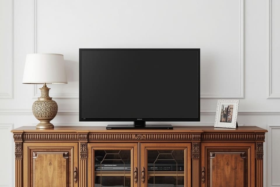 テレビ横の余白にテーブルランプを飾った様子