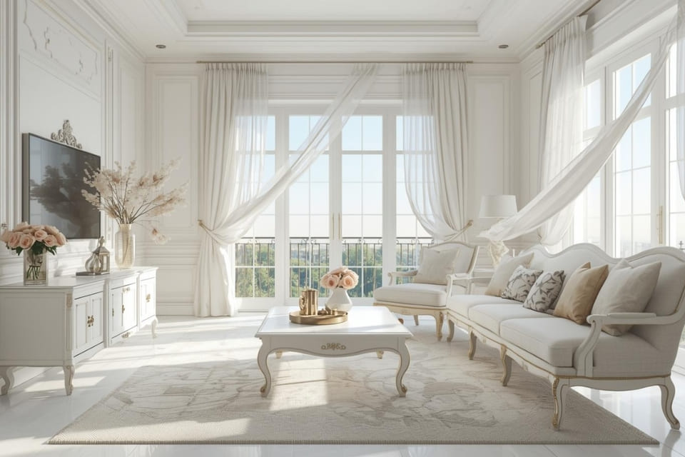 白家具で統一された明るくエレガントなリビング