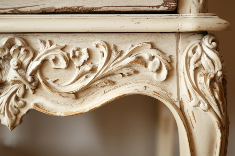 繊細な彫刻が施されたホワイト家具のディテール