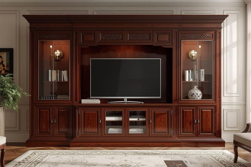 マホガニー材のテレビボードがあるエレガントなリビング