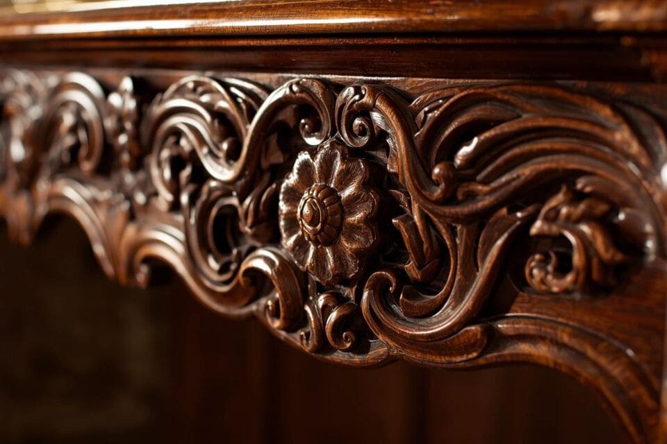 マホガニー家具の繊細な手彫り彫刻のアップ