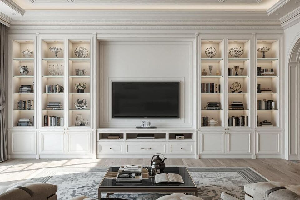 エレガントな白い壁面収納テレビボードのあるリビング