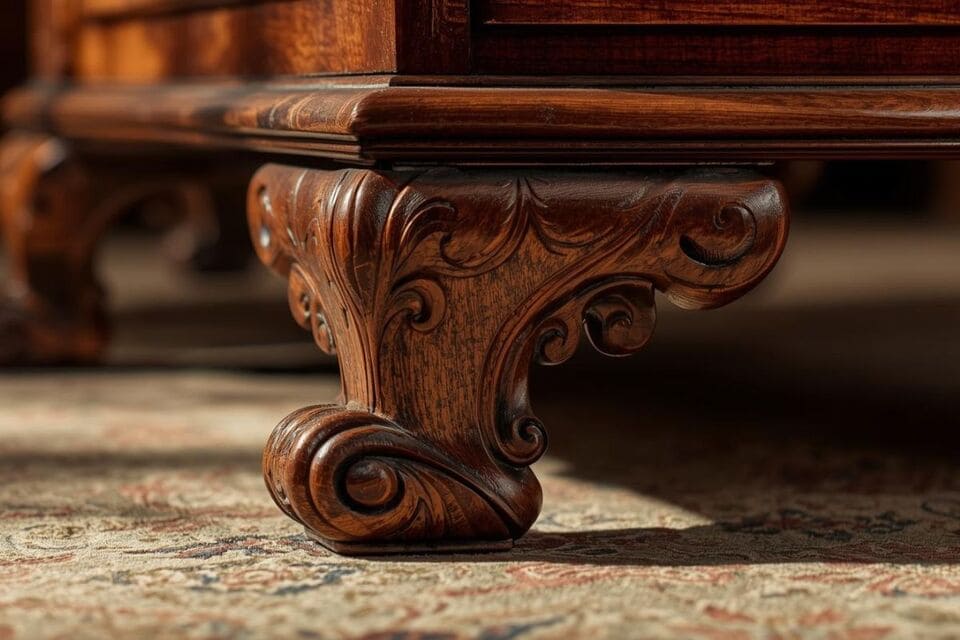 マホガニー家具の繊細な彫刻ディテール