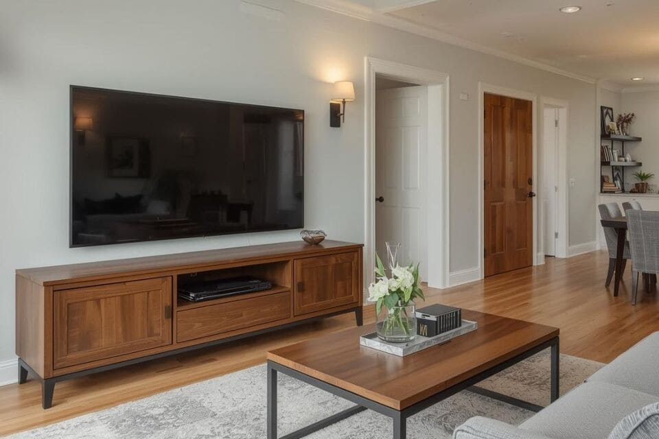 広々としたリビングに置かれた大型テレビと重厚なテレビボード