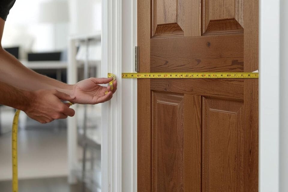 メジャーで家具のサイズとドアの幅を測っている様子