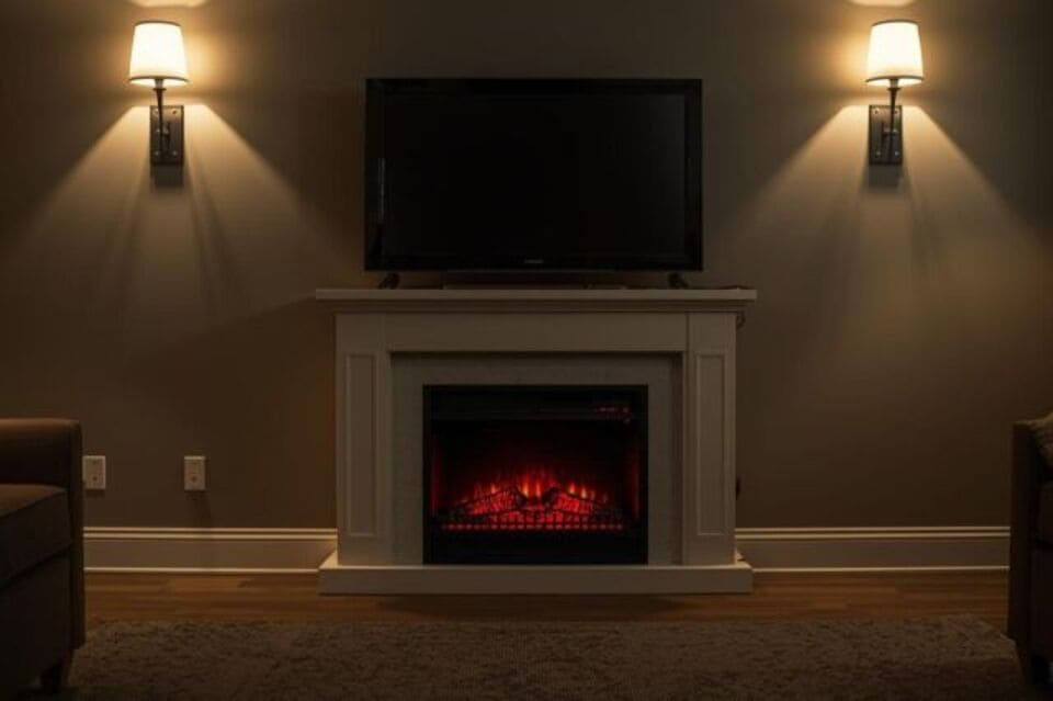 揺らめく炎の演出がある暖炉付きテレビボードのあるリビング