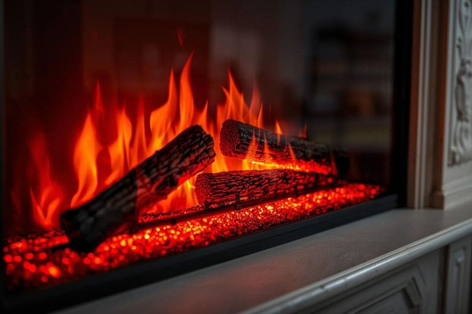 リアルに作られた薪とLEDによる炎の演出のアップ