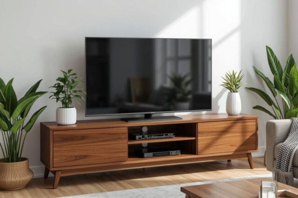 新しいテレビボードが置かれた明るく洗練されたリビング