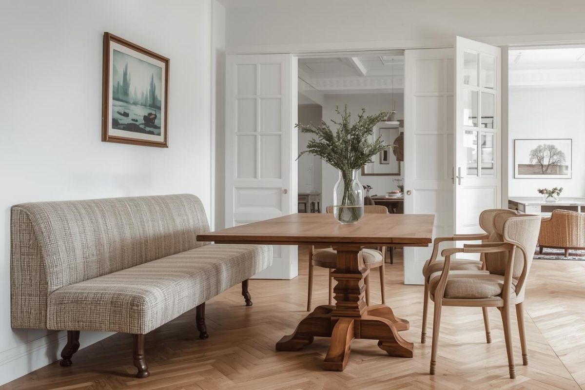 ダイニングテーブルの片側にベンチを配置したおしゃれな空間