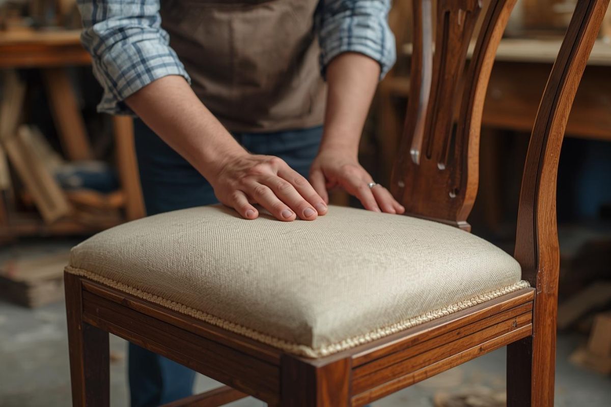 職人が椅子の張り替えを行っているイメージ