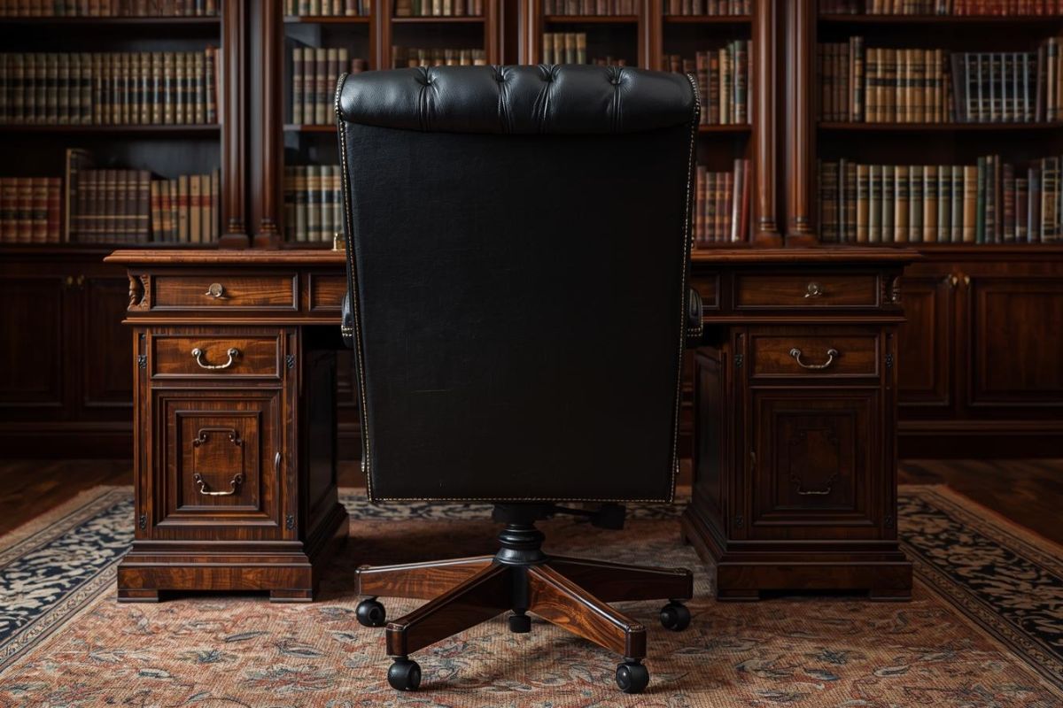 書斎に置かれた重厚な本革のプレジデントチェア