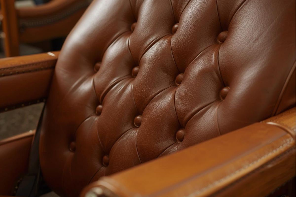 ボタン締め加工が施された背もたれのディテール