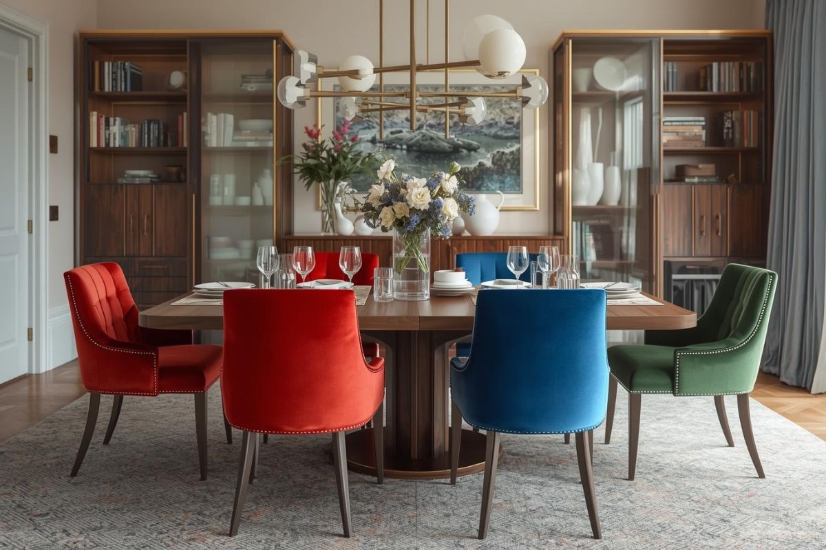 色とりどりのダイニングチェアが並ぶ明るい食卓