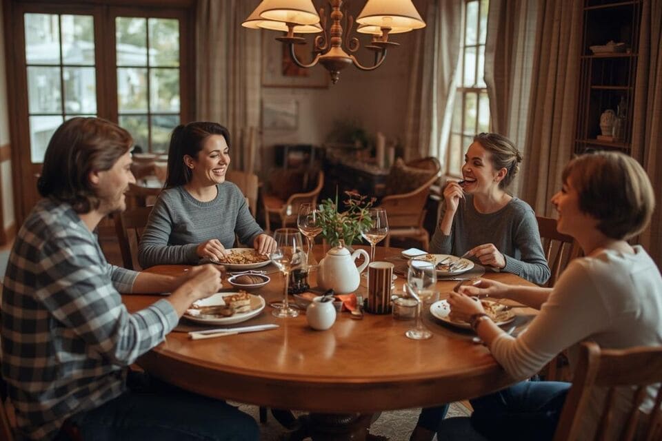 家族団らんの中心にあるエレガントな丸テーブル