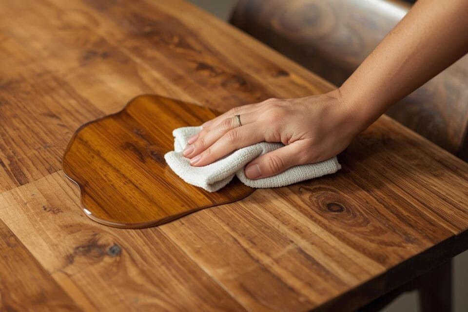 家具用オイルでテーブルを手入れしている様子