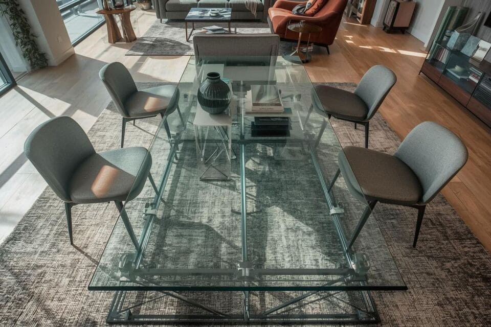 モダンでスタイリッシュなガラス天板のダイニングテーブル