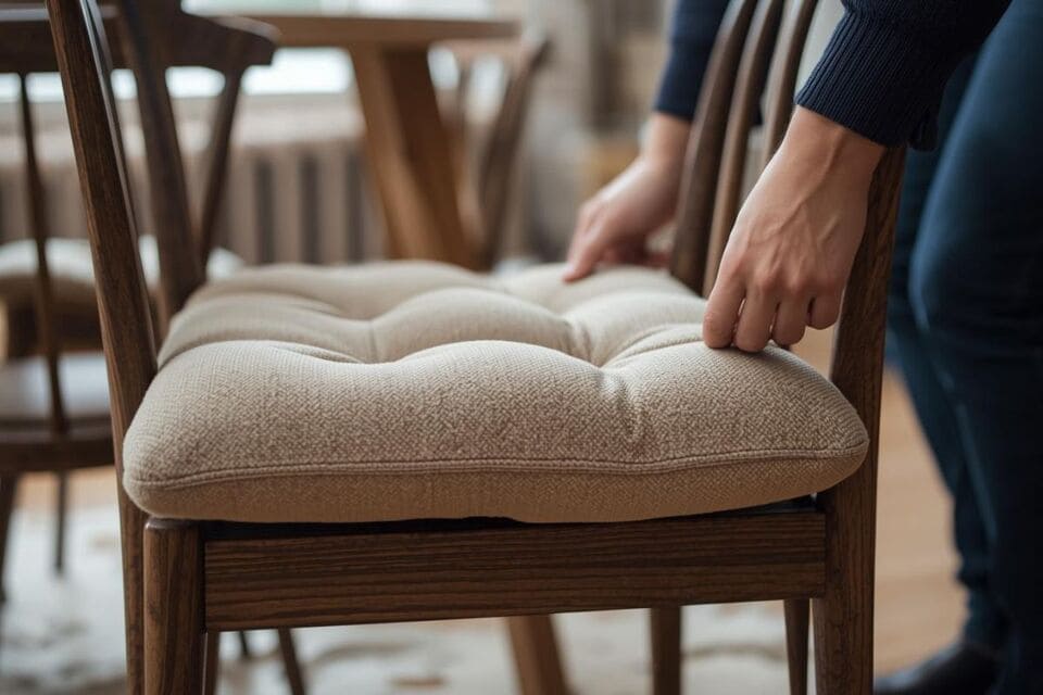 メジャーでテーブルの高さを測っている様子