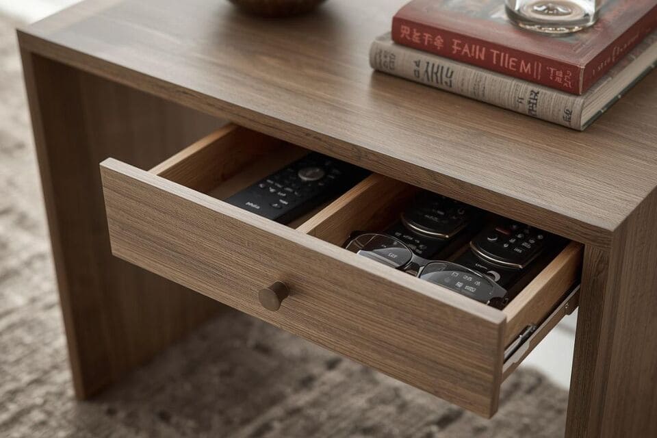 ソファ横のサイドテーブルでコーヒーを楽しむ様子