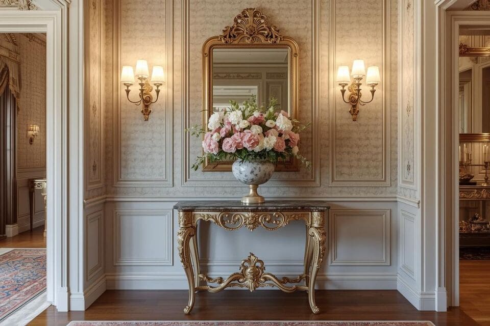 玄関ホールに置かれた美しく飾られたコンソールテーブル