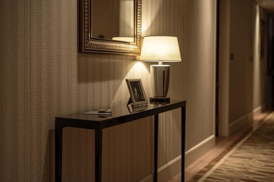 廊下にコンソールテーブルとミラーを配置した例