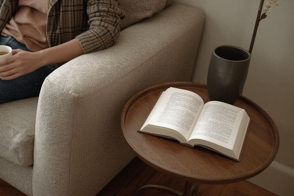 ソファの横でコーヒーやスマホ置きとして活躍するサイドテーブル