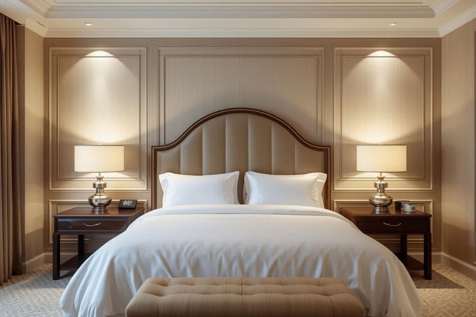 シンメトリーに配置されたホテルライクなベッドルーム