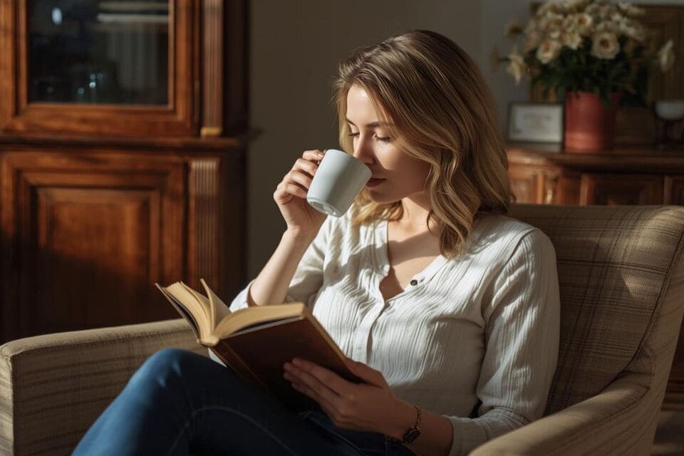 アンティーク調の家具がある落ち着いた部屋で読書をする様子