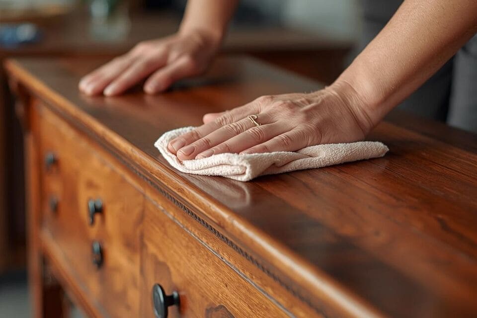 家具を丁寧に磨いて手入れをしている手元のクローズアップ