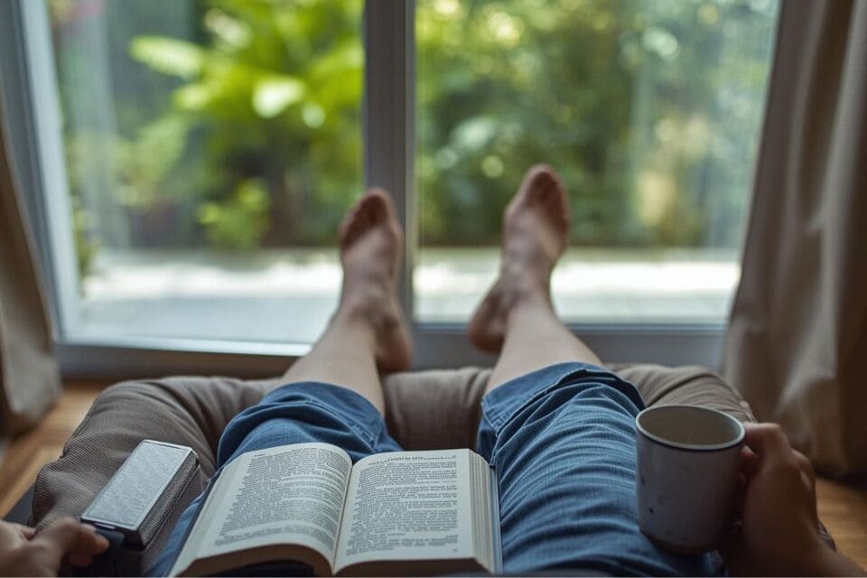 オットマン付きの椅子でくつろぐ様子