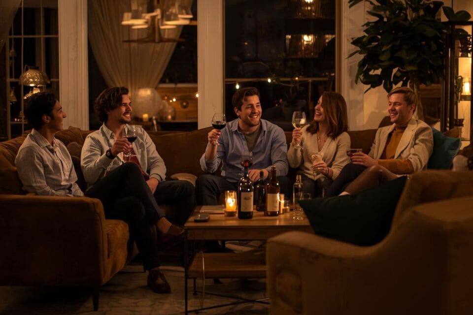 ソファを囲んで談笑するホームパーティーの様子