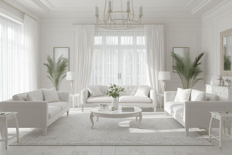 明るい日差しが差し込む白家具で統一されたリビング