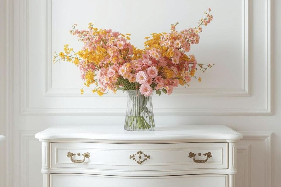 白いチェストの上に飾られた鮮やかな季節の花