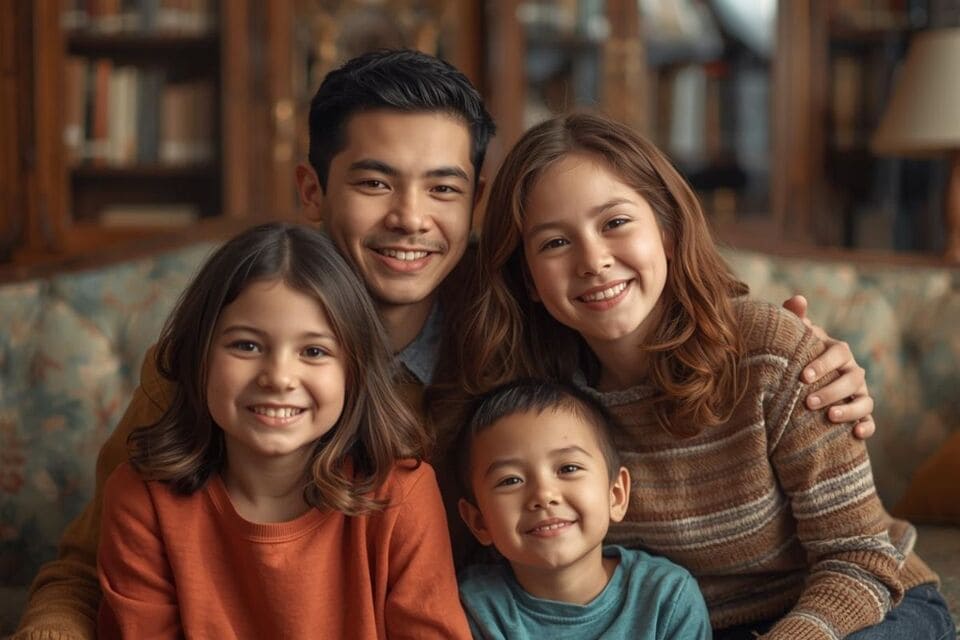 美しい家具を背景に笑顔で映る家族のポートレート