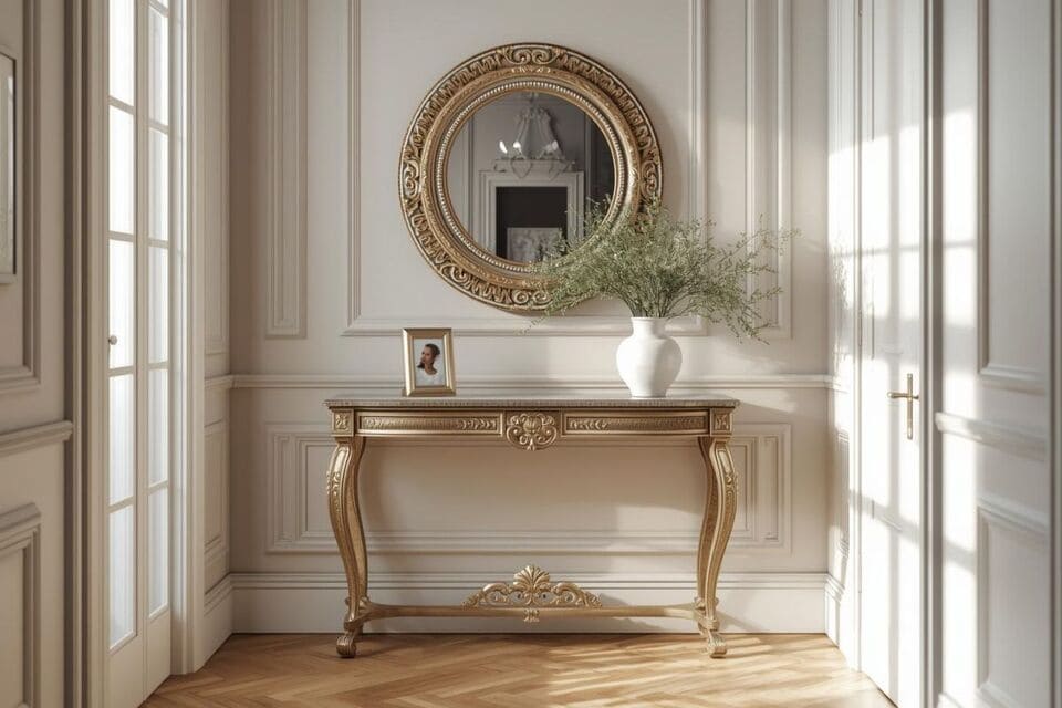 コンソールテーブルと花で飾られたフォトジェニックな一角