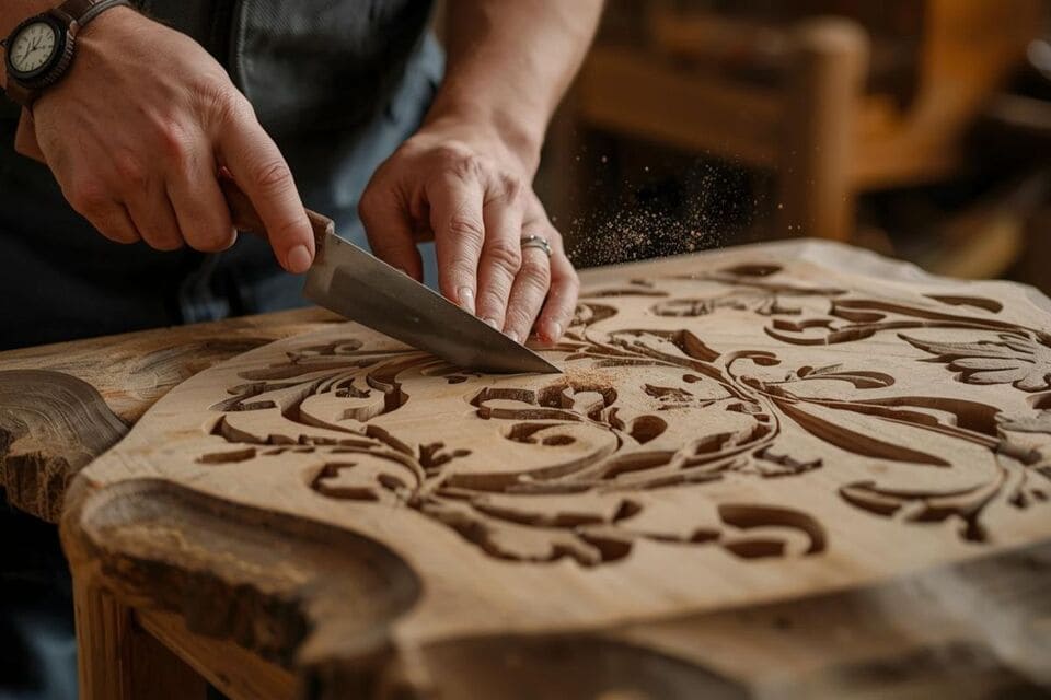 家具職人が手彫りで彫刻を施している様子