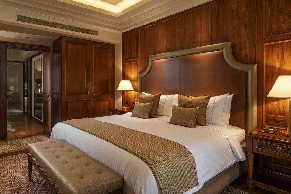 重厚なヘッドボードのベッドがある高級感あふれる寝室