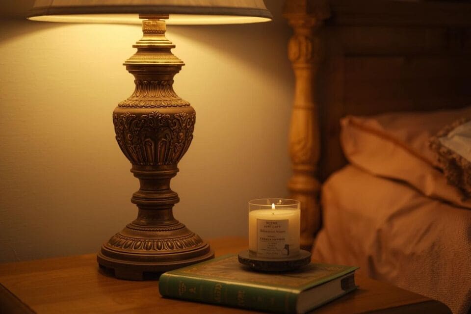 ナイトテーブルに置かれたランプとアロマディフューザー