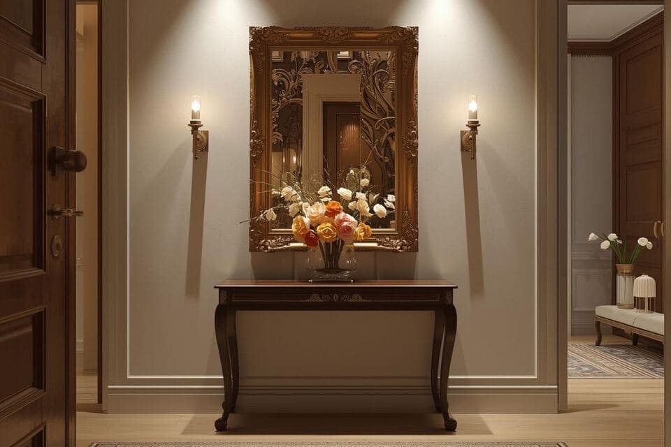 コンソールテーブルと鏡で美しく飾られた玄関ホール