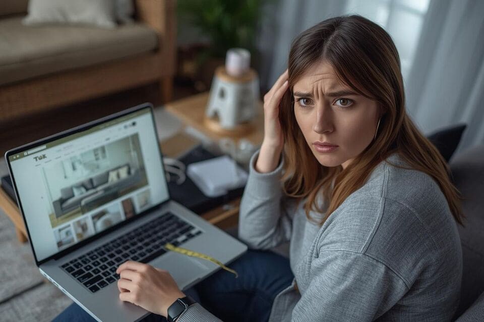 パソコンで家具の通販サイトを見ながら悩んでいる様子