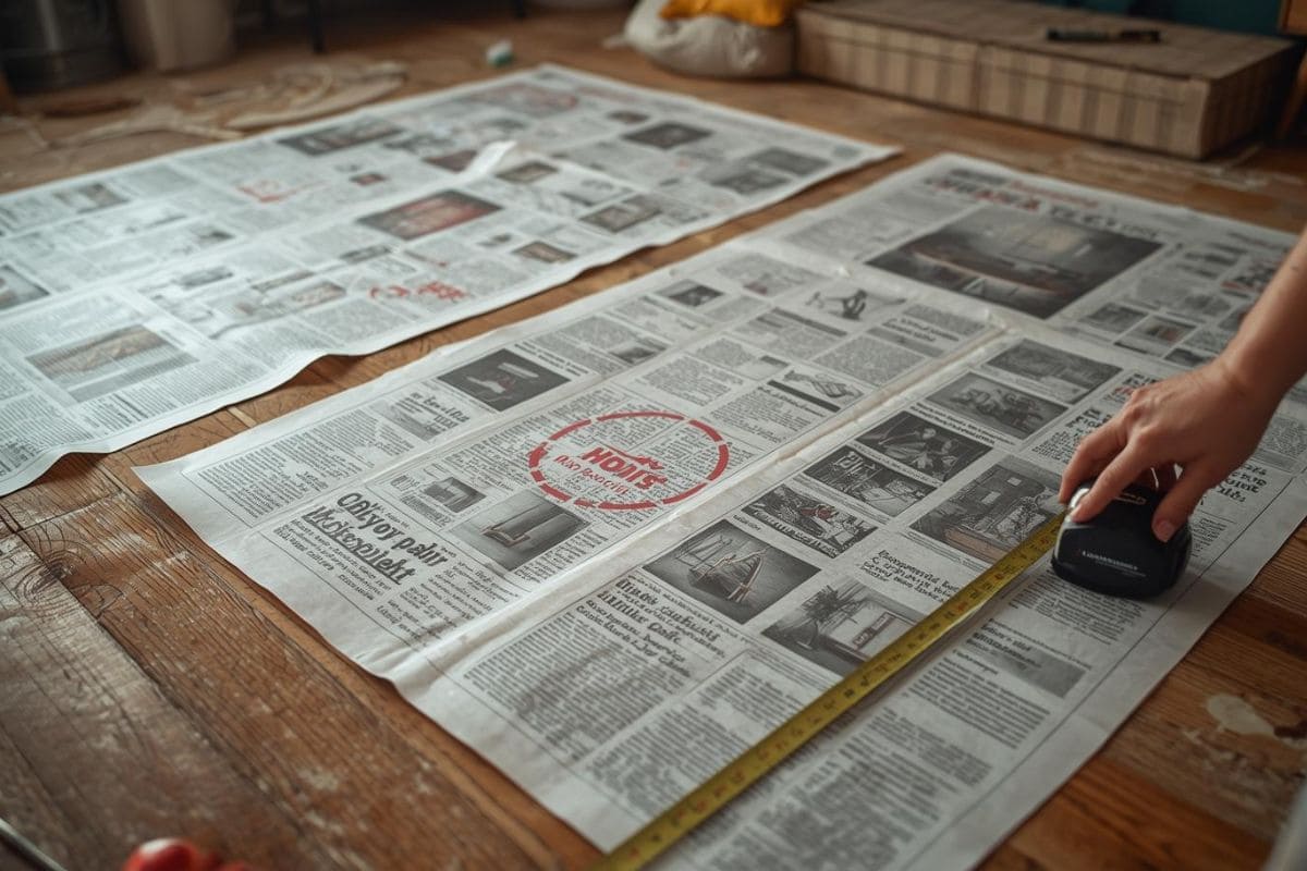 床に新聞紙を敷いて家具の配置シミュレーションをしている様子