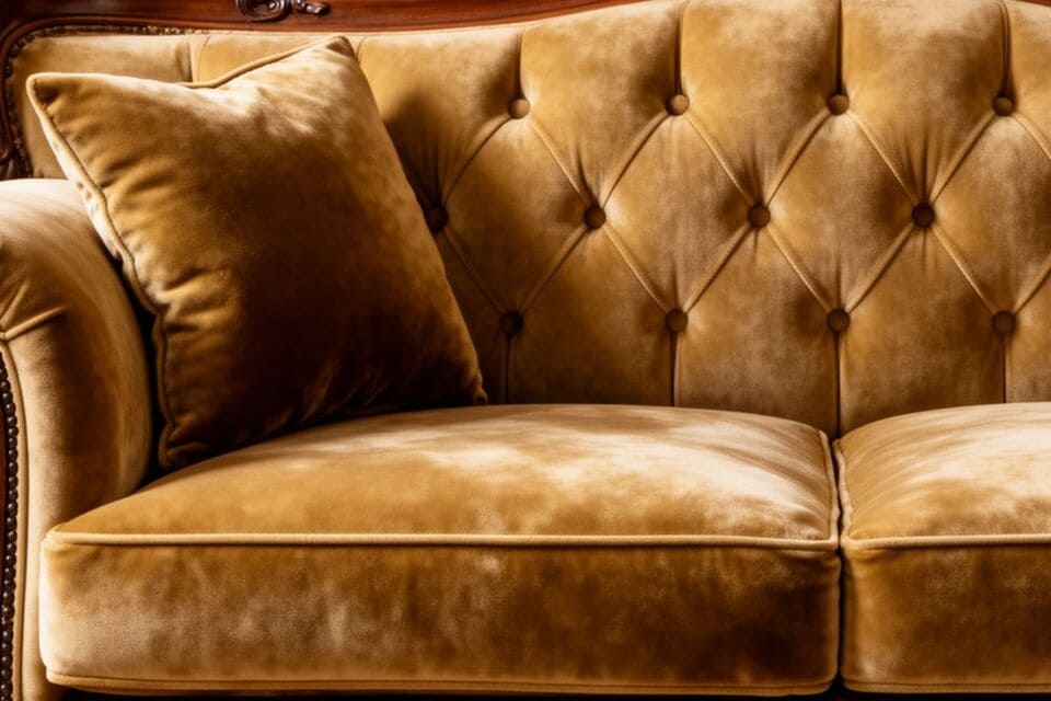 高級ソファの美しい張地とクッションのクローズアップ