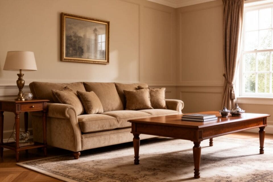 落ち着いたトーンでまとめられたタイムレスなリビングルーム