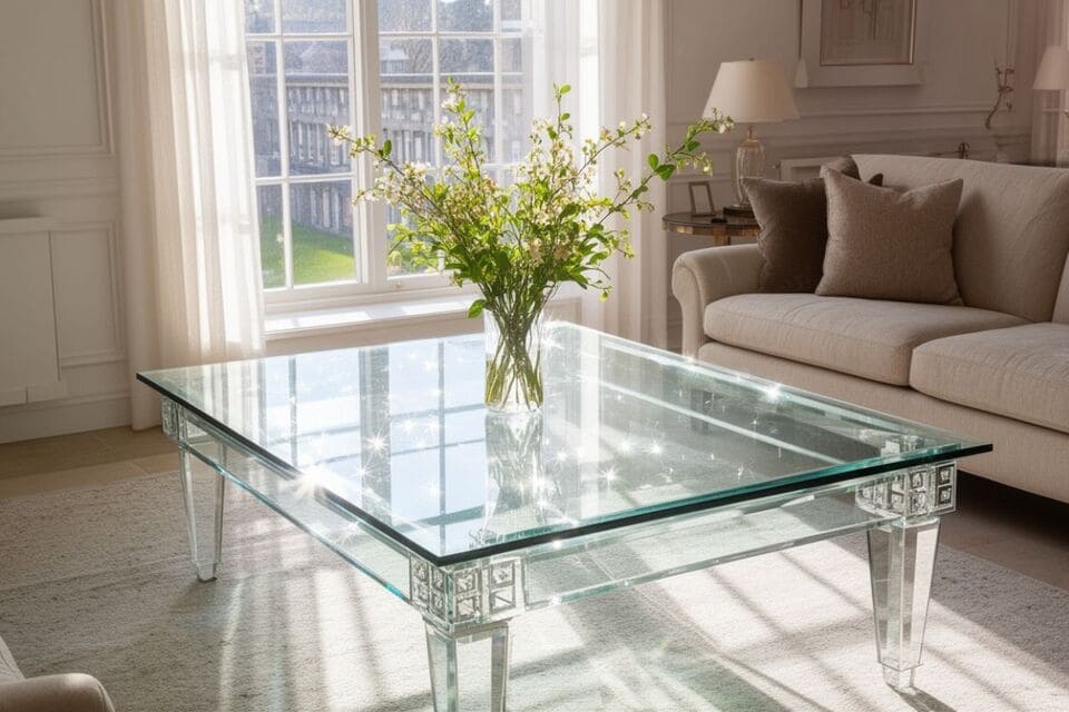 光を反射して輝くガラス天板のセンターテーブル