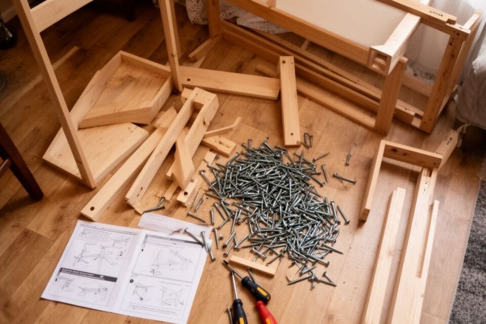 床に散らばった家具の部品と説明書