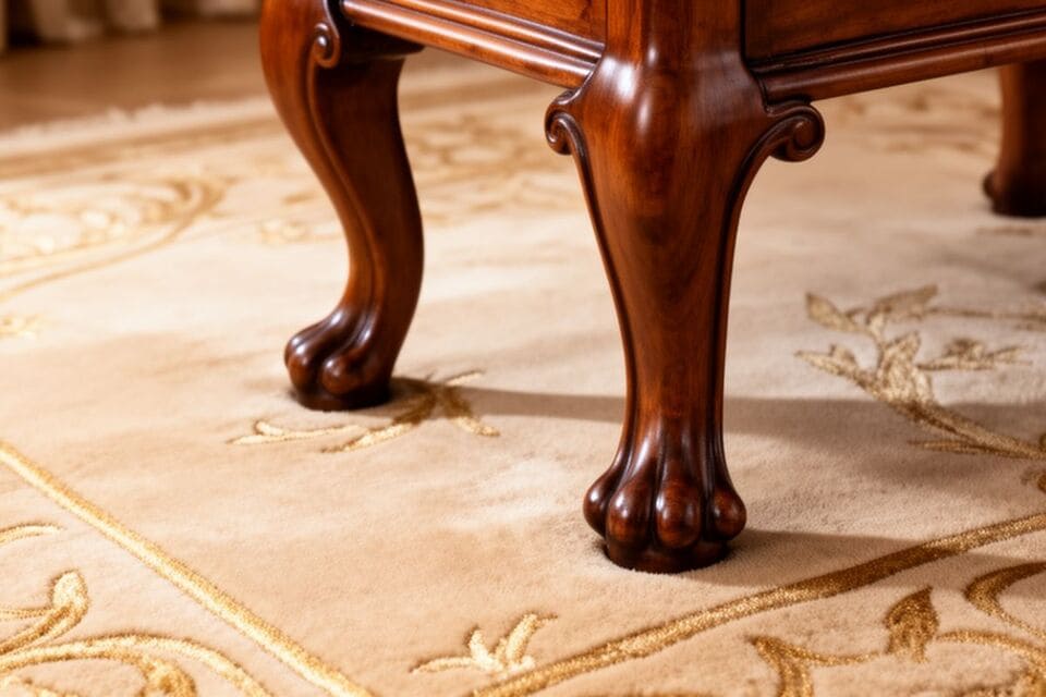 ラグの上に置かれたクラシック家具の脚元のクローズアップ