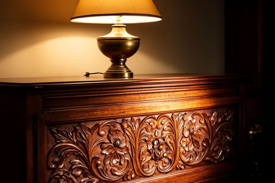 テーブルランプに照らされて陰影が際立つアンティーク家具