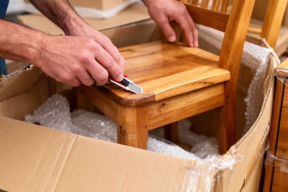 届いた段ボール箱を開封し、中の家具を確認している様子