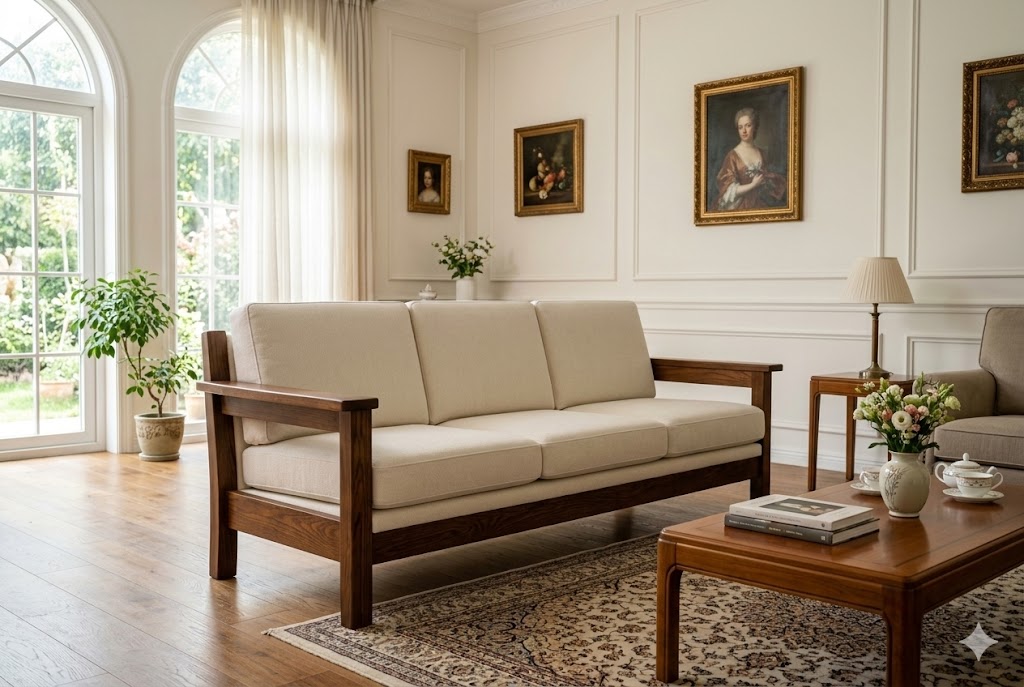 立ち上がりやすい高さと座り心地を備えたエレガントなソファ