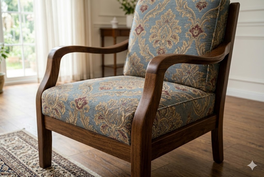 しっかりとした木製の肘掛けがついたクラシカルなアームチェア